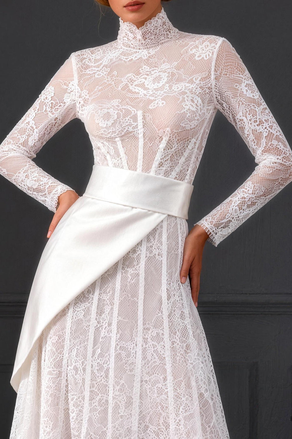 White Long Sleeves A Line High Neck Corset Boho Wedding Dress with Side Cape