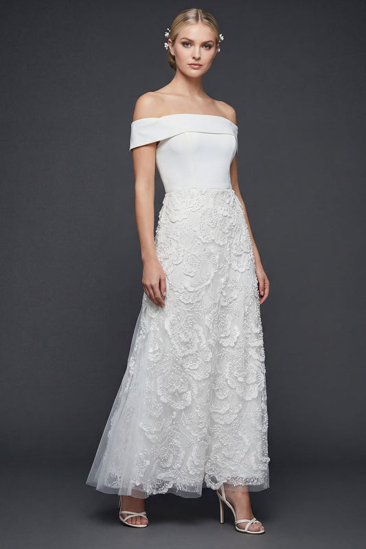 White Floral A Line Maxi Off the Shoulder Boho Wedding Dress with Appliques