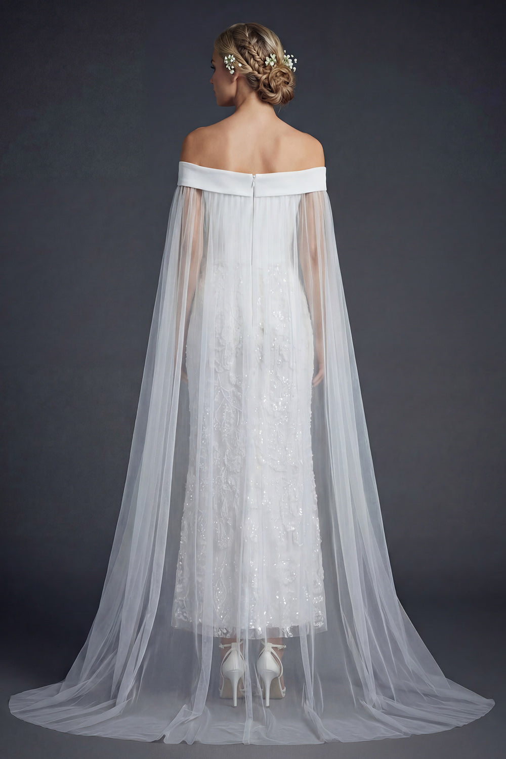White Off the Shoulder Sparkly Beaded Maxi Mermaid Floral Boho Wedding Dress with Cape