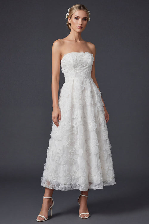 White A Line Strapless Maxi Floral Boho Wedding Dress