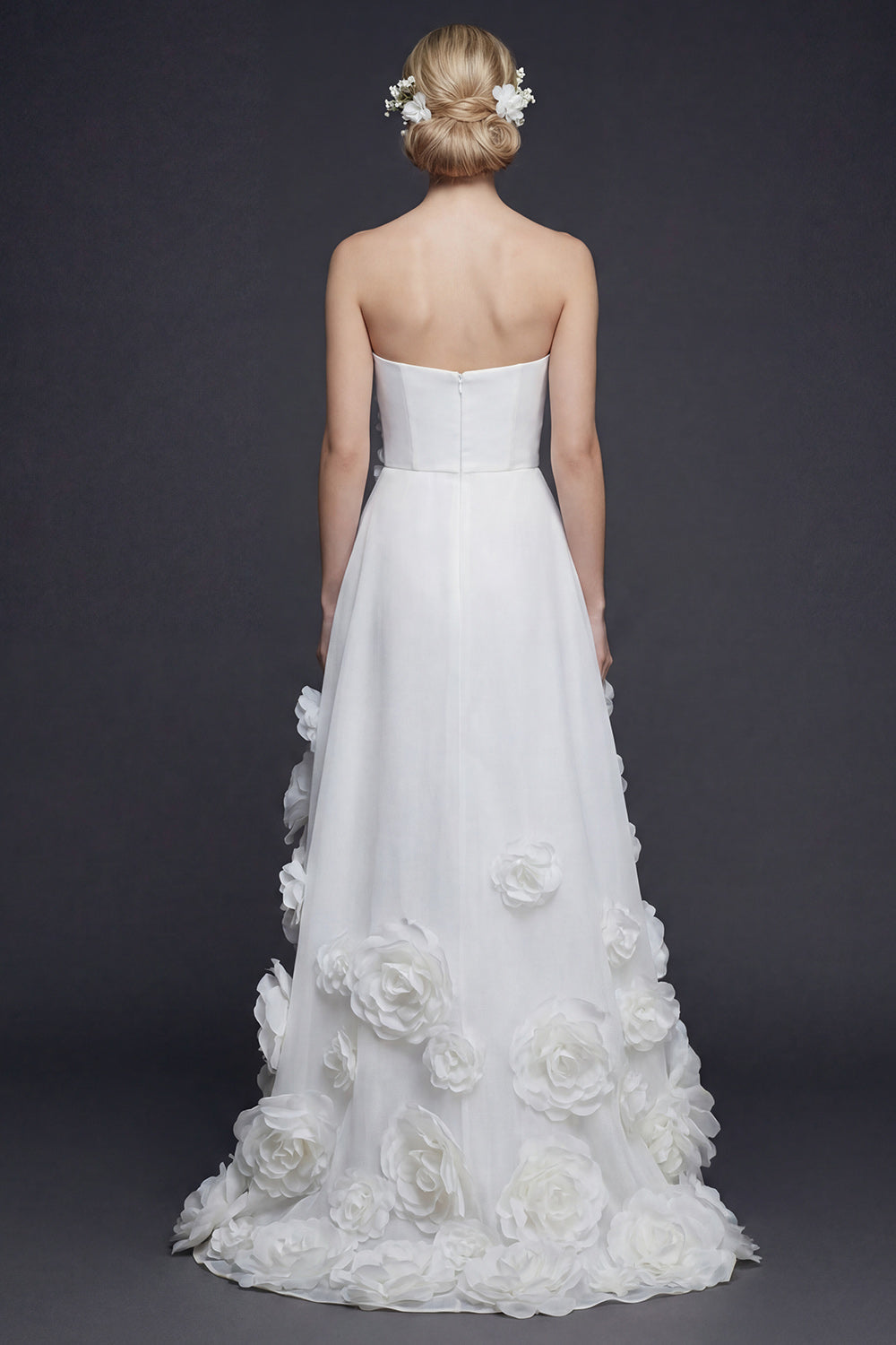 White Strapless A Line High-Low Boho Wedding Dress with 3D Flowers