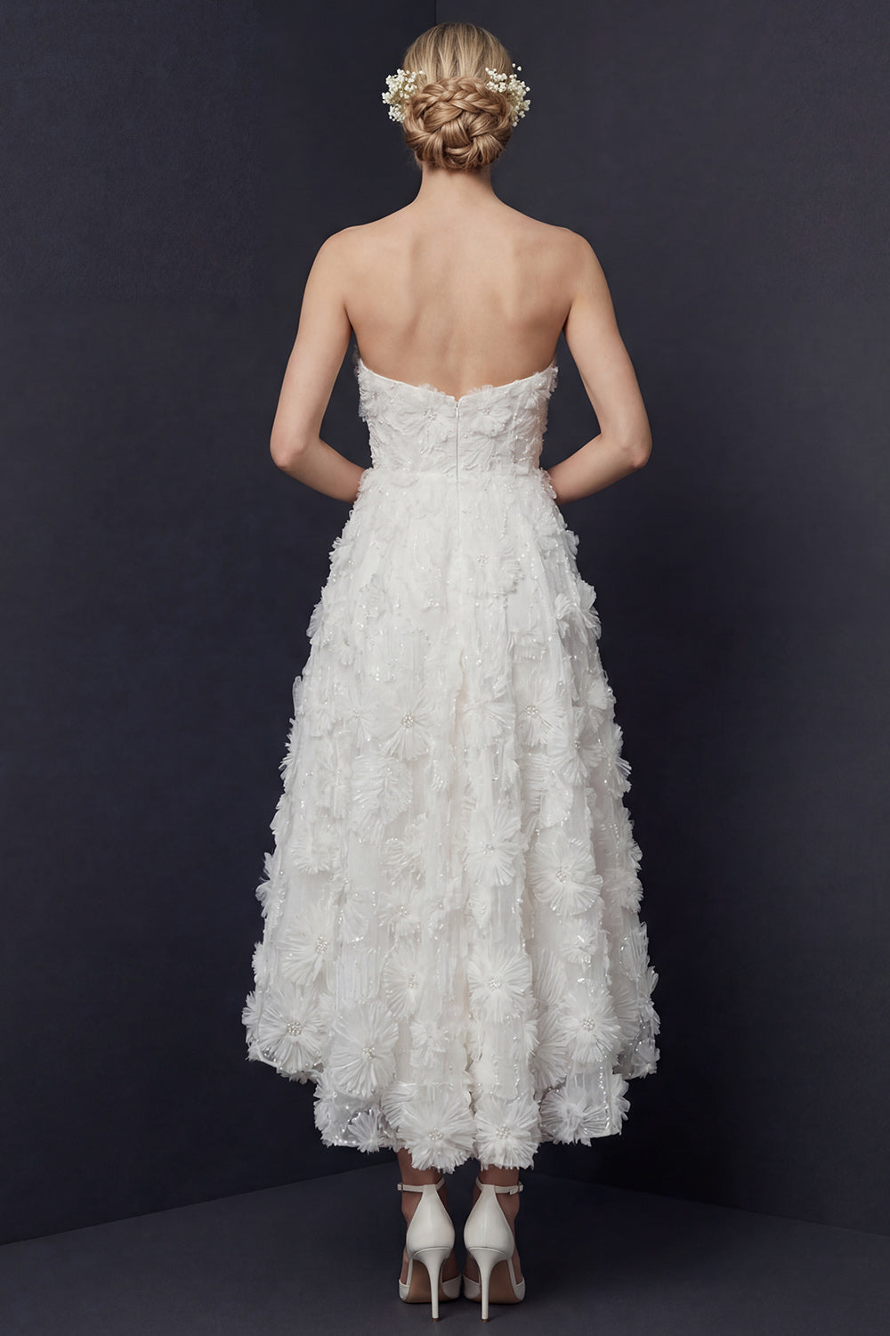 White A Line Strapless High-Low Floral Boho Wedding Dress