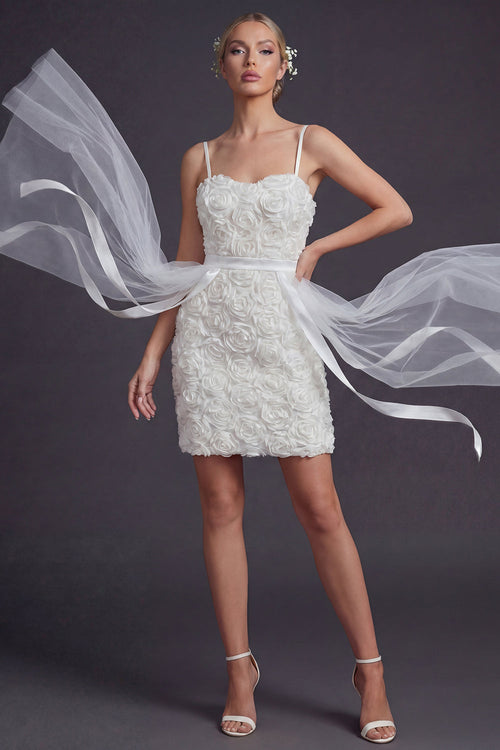 White Bodycon Short Floral Spaghetti Straps Boho Wedding Dress with Cape