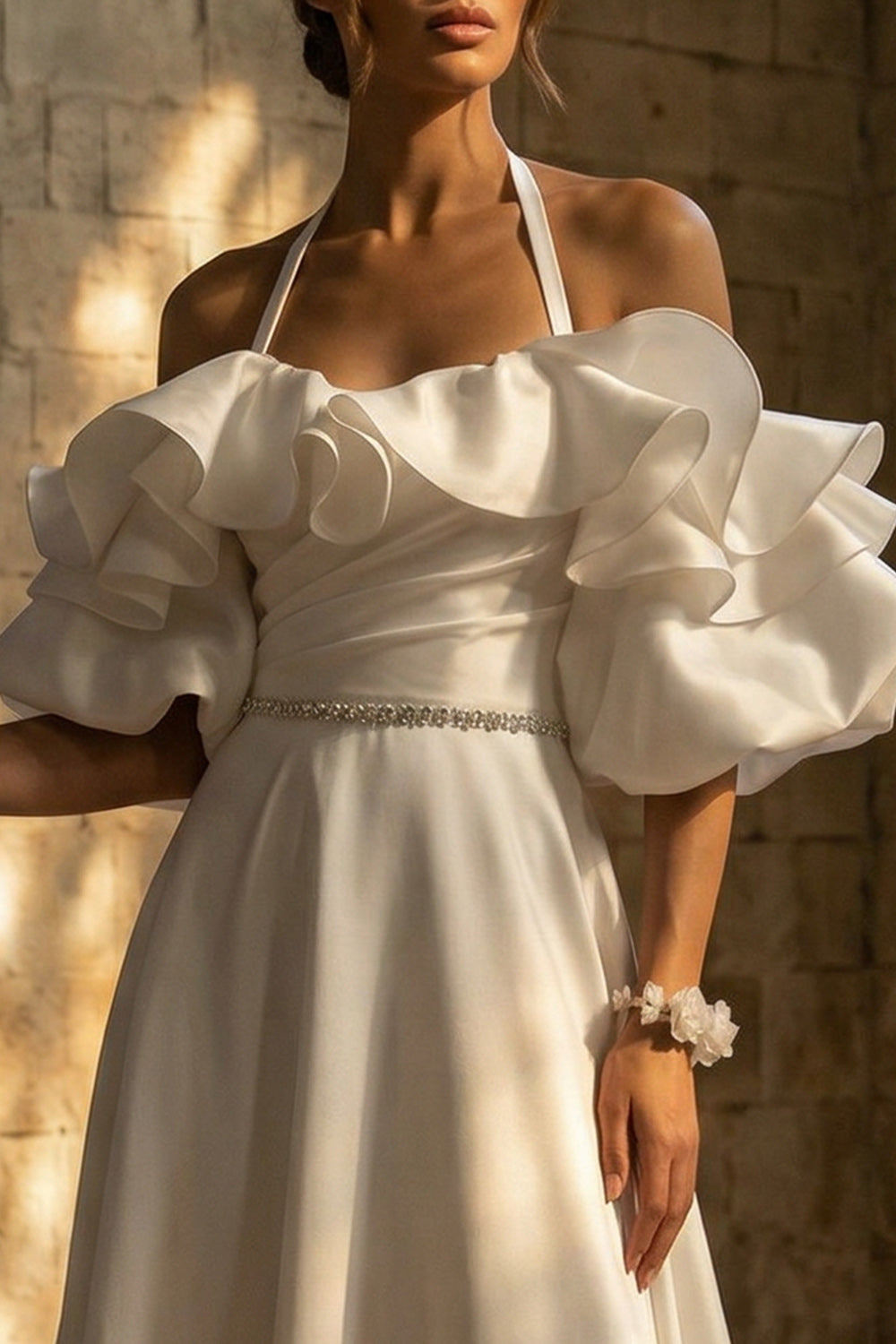 White Ruffled Sweep Train Halter Backless Boho Wedding Dress