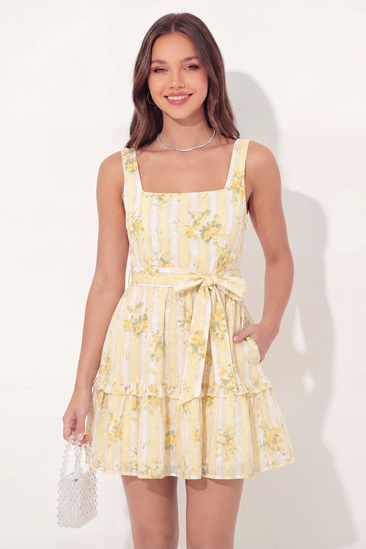 Butter Yellow Square Neck A Line Floral Short Graduation Dress with Pockets