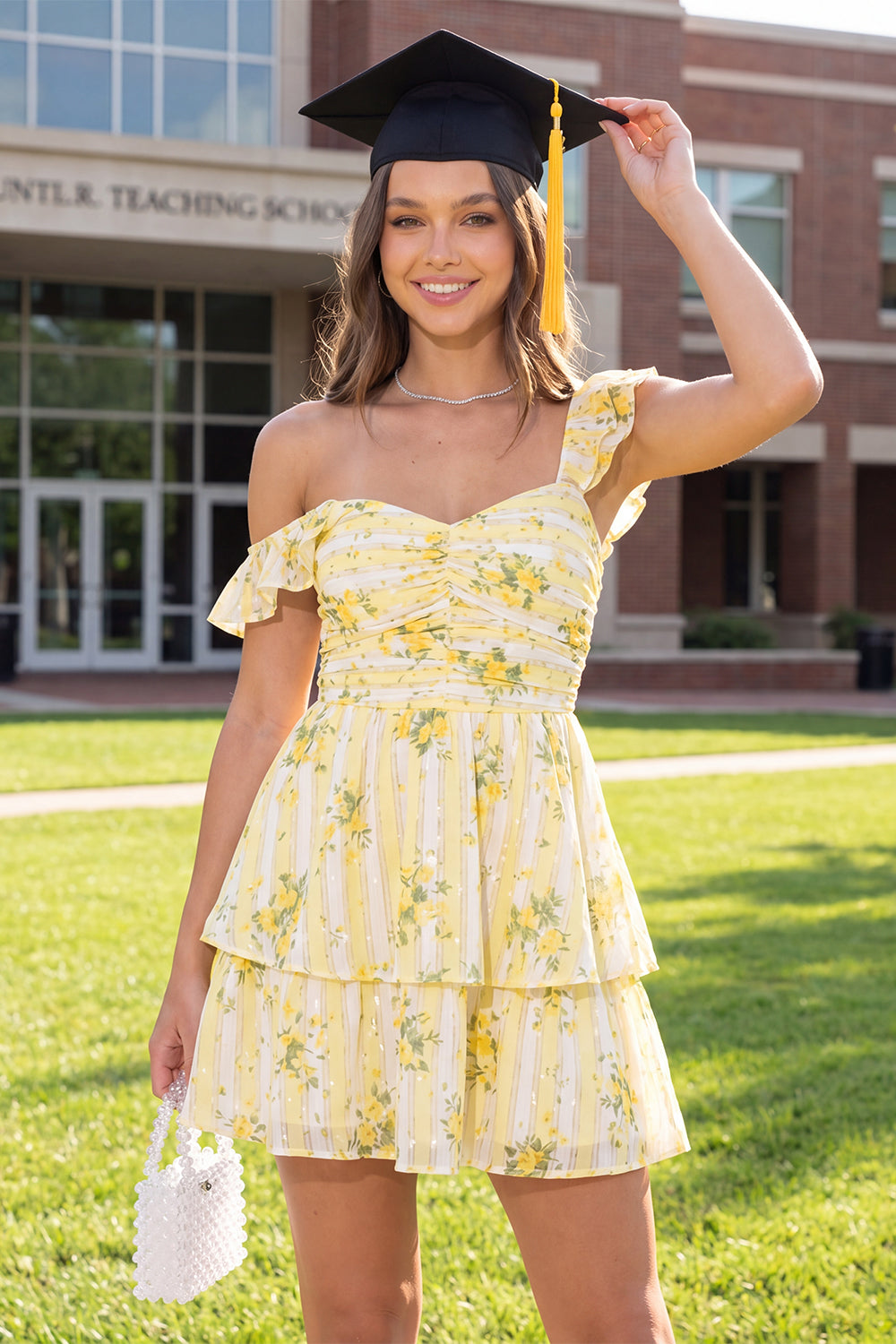 A Line Butter Yellow Thick Straps Floral Short Graduation Dress with Ruffles