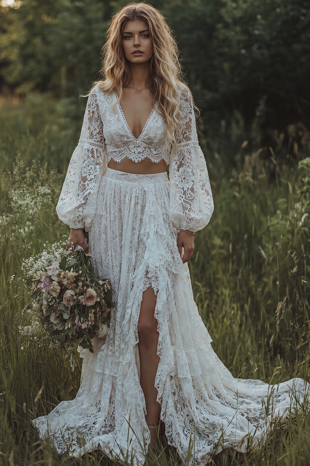 Ruffled Ivory 2 Piece Floral Lace A Line Sweep Train Boho Wedding Dress with Slit