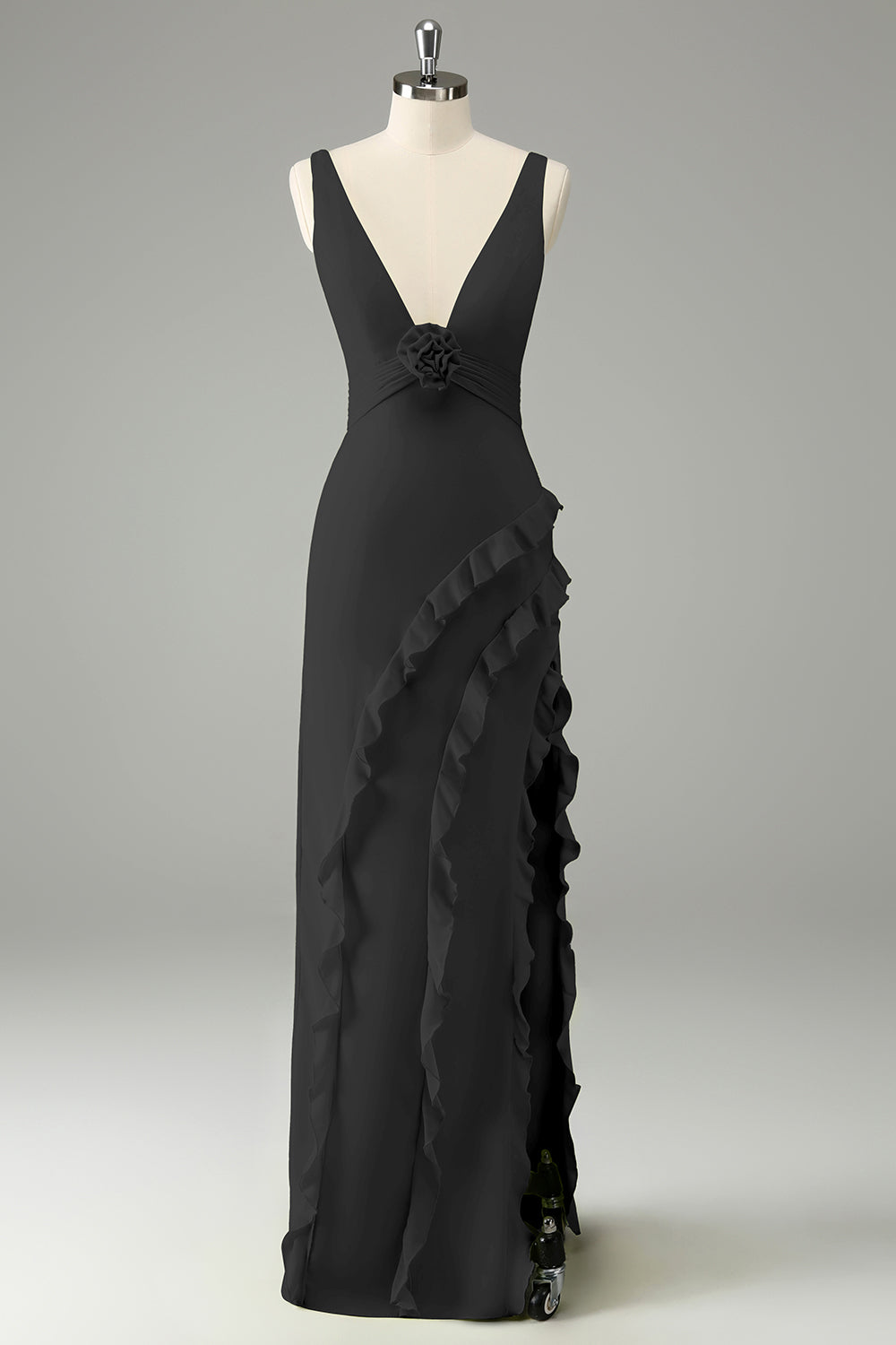 Lime Deep V Neck Ruffles Wedding Guest Dress with Slit