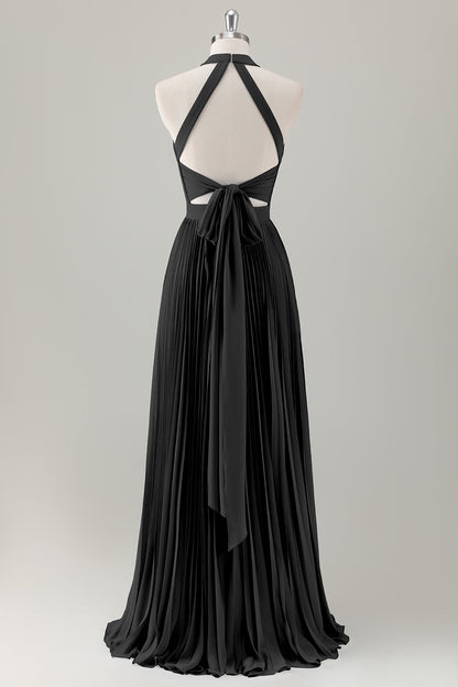 Dark Green A-Line Halter Long Bridesmaid Dress with Slit