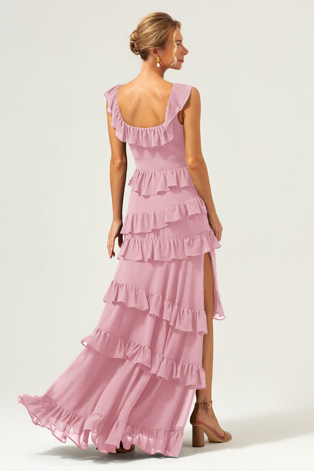 Dark Navy A-Line Tiered Chiffon Long Bridesmaid Dress