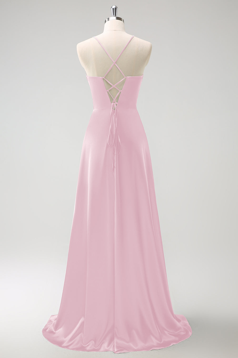 Burgundy A-Line Ruched Lace-Up Back Satin Long Bridesmaid Dress
