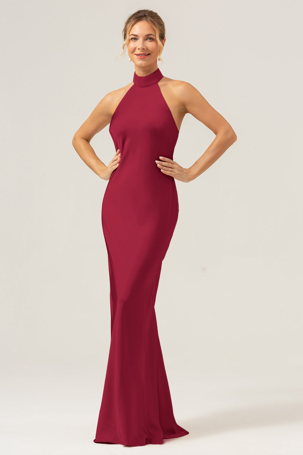 Champagne Halter Long Bridesmaid Dress with Back Slit