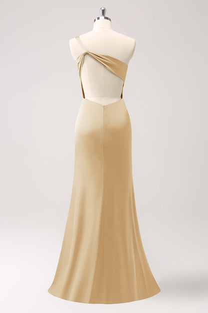 Olive One Shoulder Mermaid Long Bridesmaid Dress with Slit