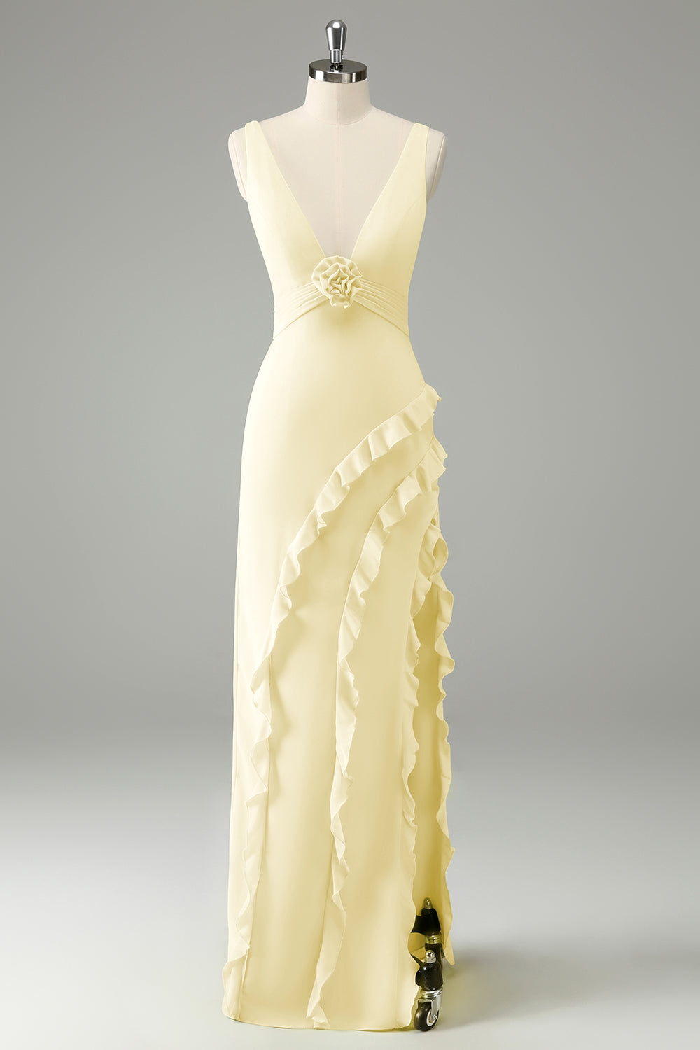 Lime Deep V Neck Ruffles Wedding Guest Dress with Slit