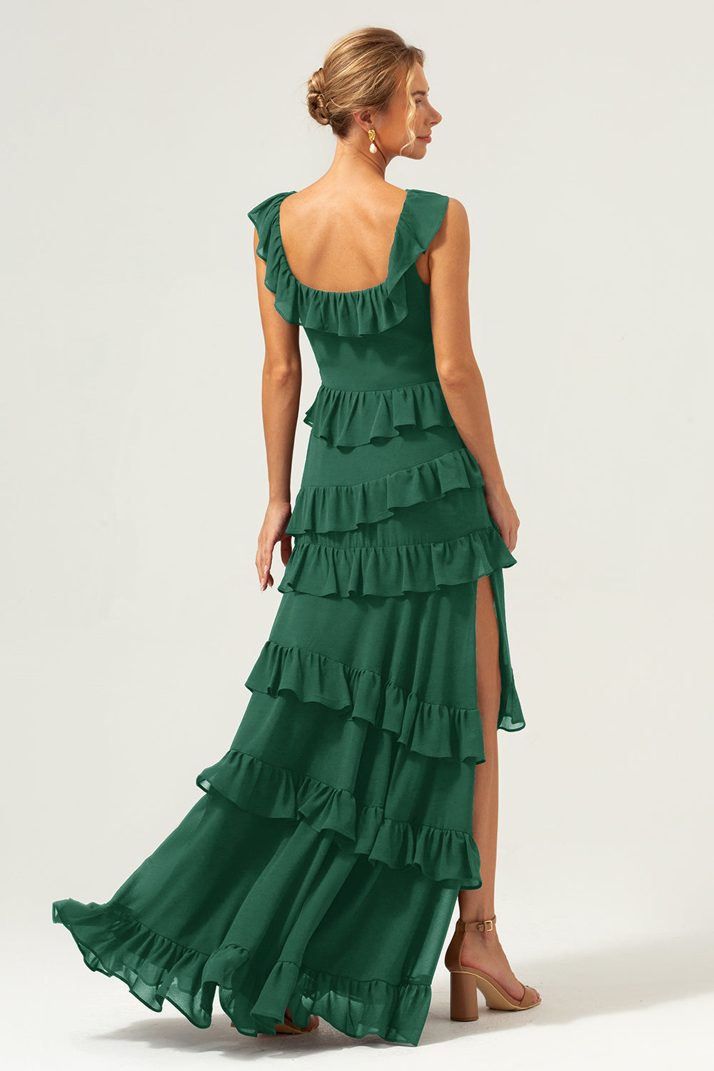 Dark Navy A-Line Tiered Chiffon Long Bridesmaid Dress