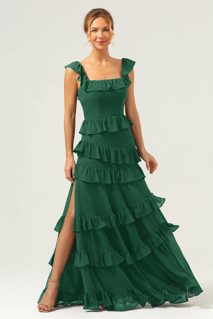 Dark Navy A-Line Tiered Chiffon Long Bridesmaid Dress