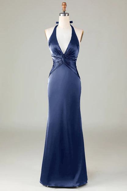 Burgundy Mermaid Halter Long Satin Bridesmaid Dress