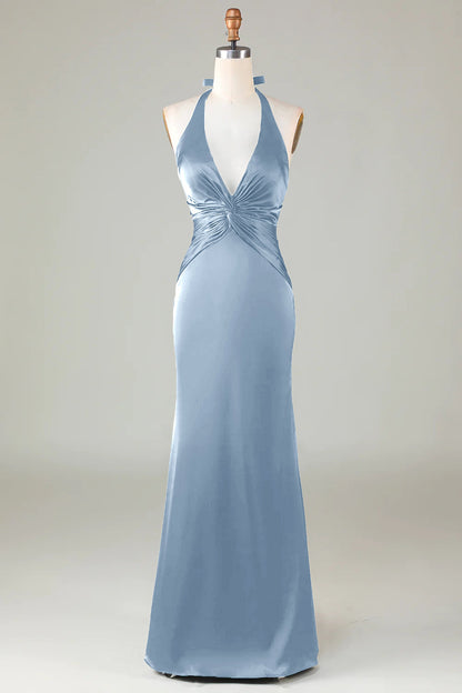 Taupe Sheath Halter Satin Long Bridesmaid Dress