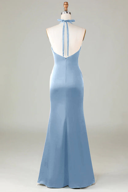 Mermaid Halter Dark Green Long Satin Bridesmaid Dress