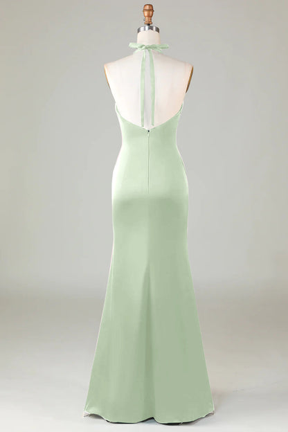 Taupe Sheath Halter Satin Long Bridesmaid Dress