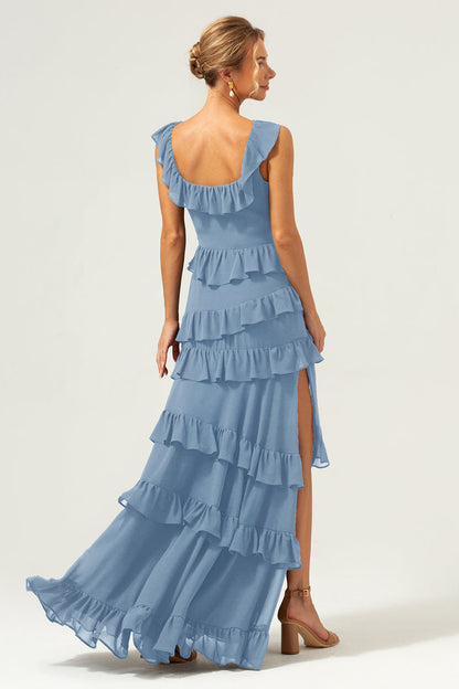 Dark Navy A-Line Tiered Chiffon Long Bridesmaid Dress