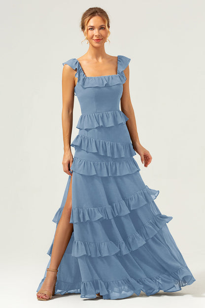 Dark Navy A-Line Tiered Chiffon Long Bridesmaid Dress