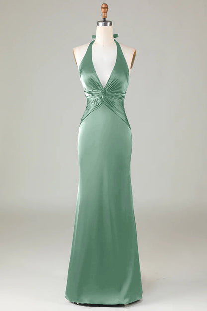 Burgundy Mermaid Halter Long Satin Bridesmaid Dress