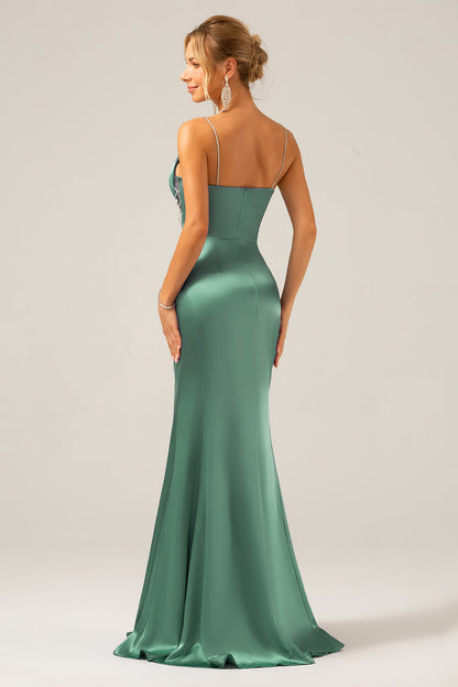 Mermaid Grey Blue Satin Spaghetti Straps Pleated Maxi Dress