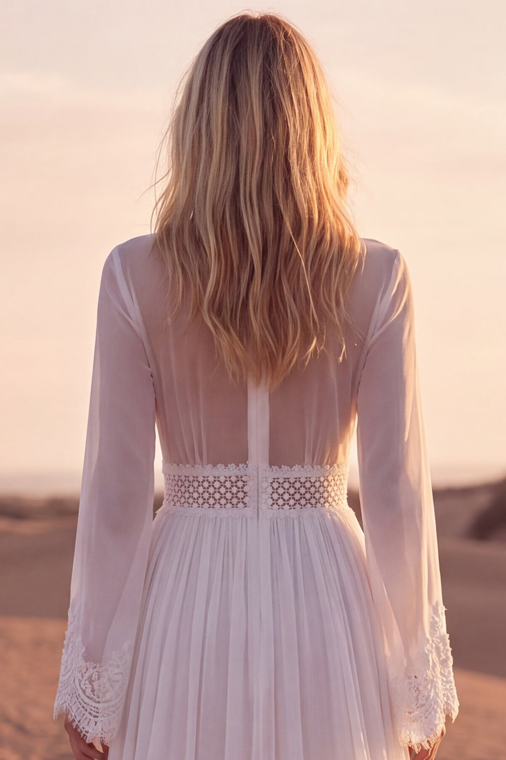A Line White V-Neck Long Sleeves Beach Western Wedding Dress with Lace