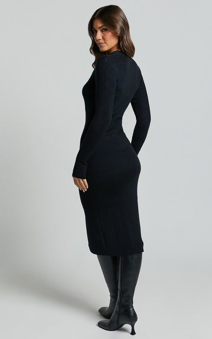 Leahanna Midi Dress - Button Front Knit Dress in Black