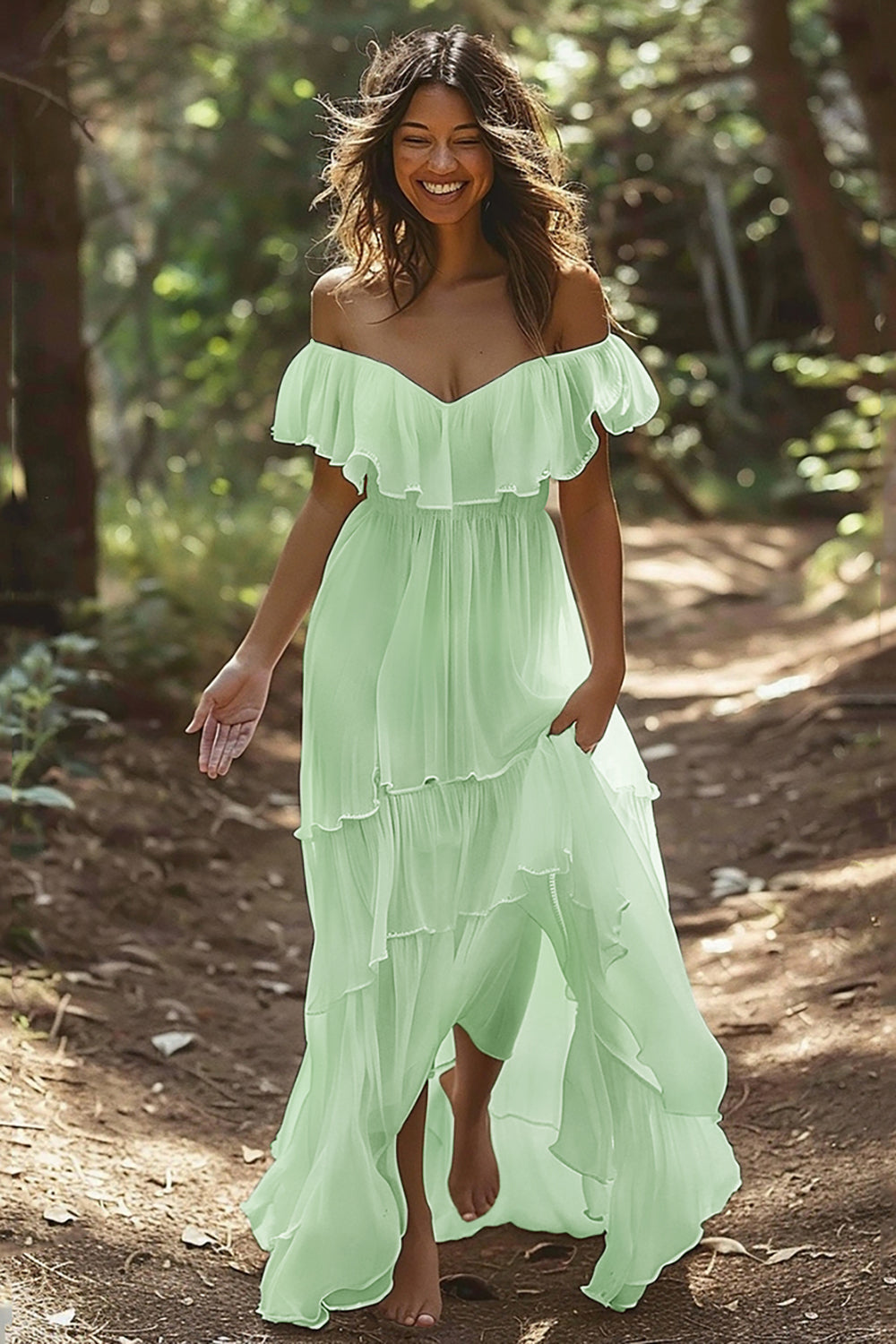 White Chiffon Tiered Off the Shoulder Boho Sweep Train Wedding Dress