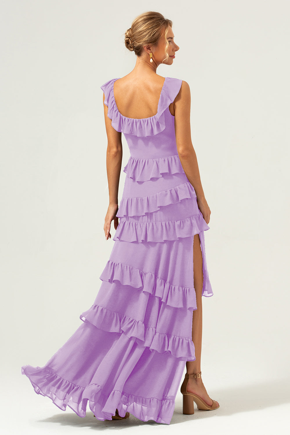Dark Navy A-Line Tiered Chiffon Long Bridesmaid Dress