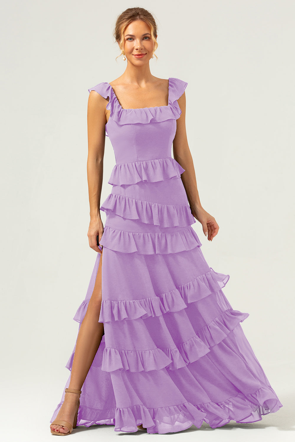 Dark Navy A-Line Tiered Chiffon Long Bridesmaid Dress