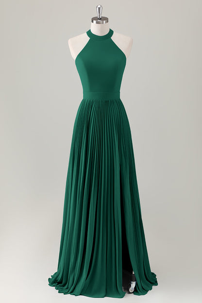 Dark Green A-Line Halter Long Bridesmaid Dress with Slit