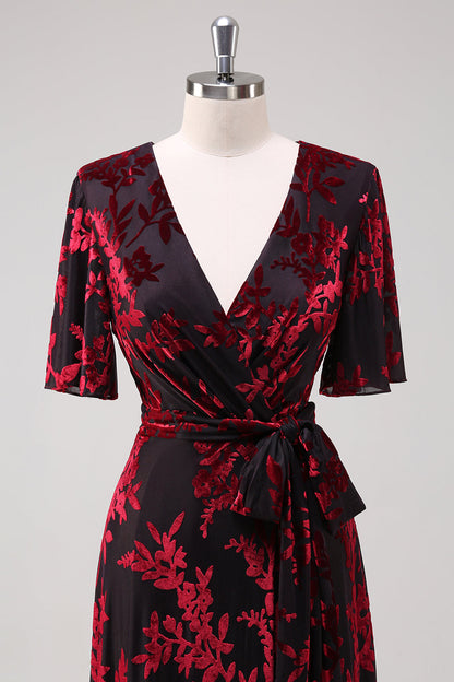 Burnout Velvet Burgundy V-Neck Mother of Bride Dress