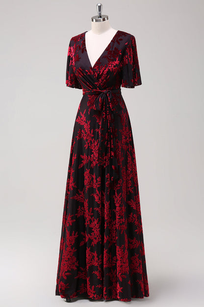Burnout Velvet Burgundy V-Neck Mother of Bride Dress