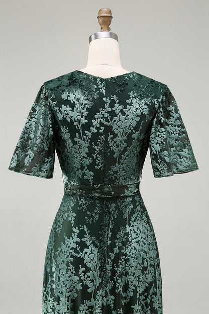 V-Neck Dark Green Mother of Bride Dress with Slit