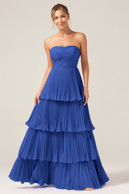 A-Line Sweetheart Tiered Chiffon Long Lilac Bridesmaid Dress with Pleated