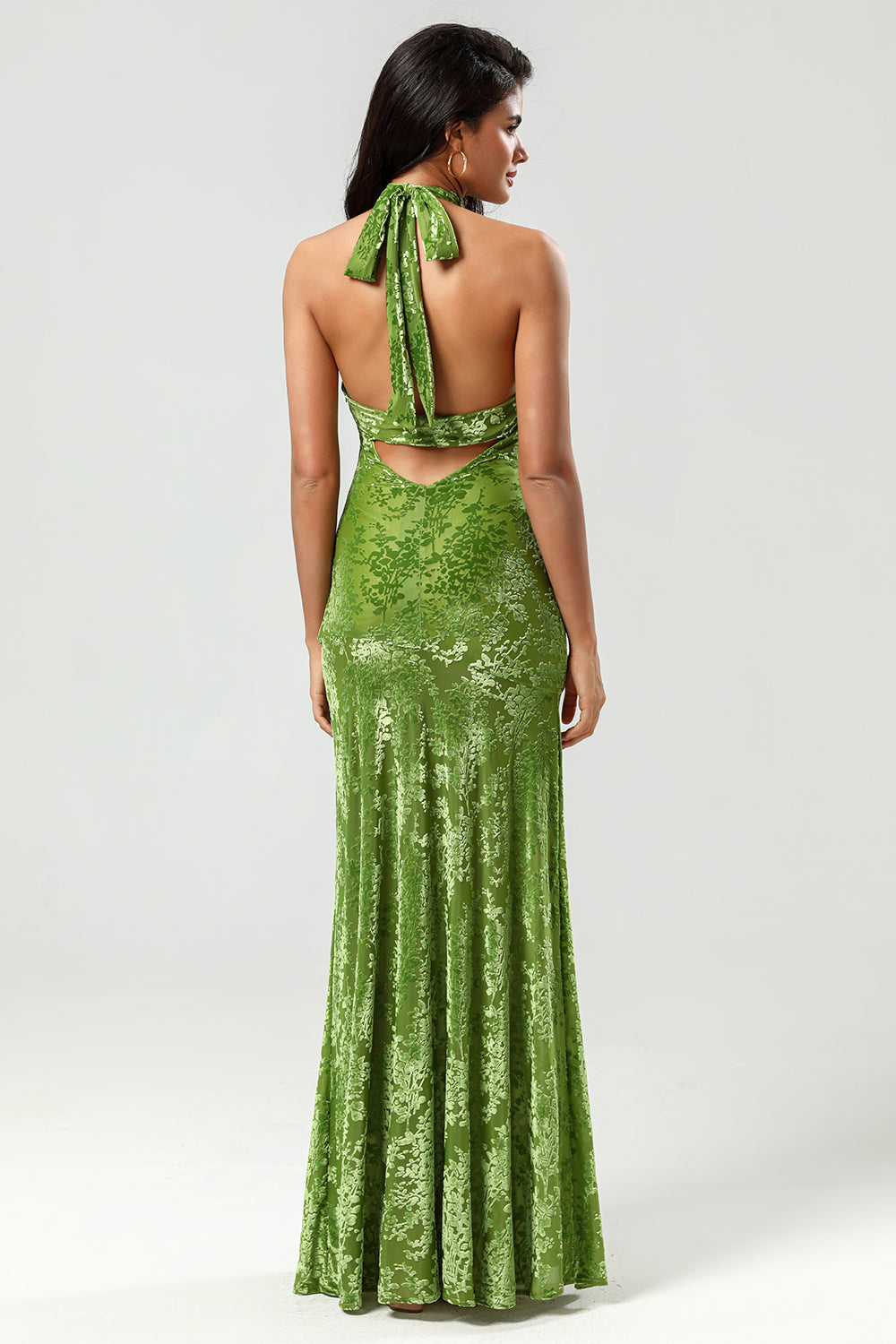 Confidently Charismatic Mermaid Halter Neck Olive Velvet Holiday Party Dress