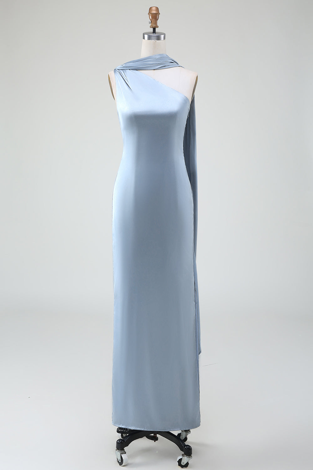 Sheath One Shoulder Satin Long Blue Bridesmaid Dress