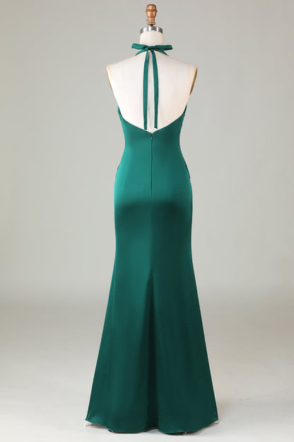 Burgundy Mermaid Halter Long Satin Bridesmaid Dress