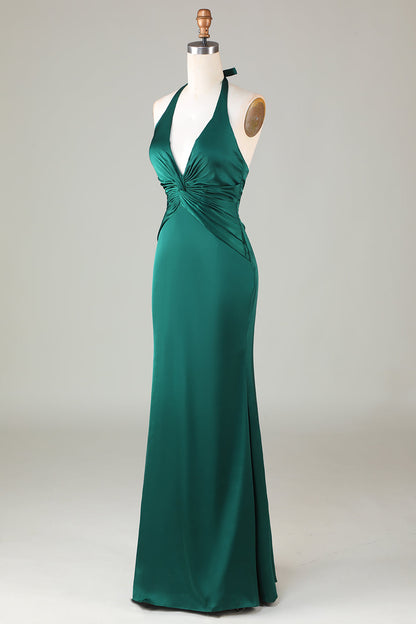 Burgundy Mermaid Halter Long Satin Bridesmaid Dress