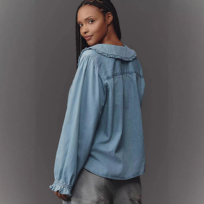 Clara Balloon-Sleeve Denim Blouse
