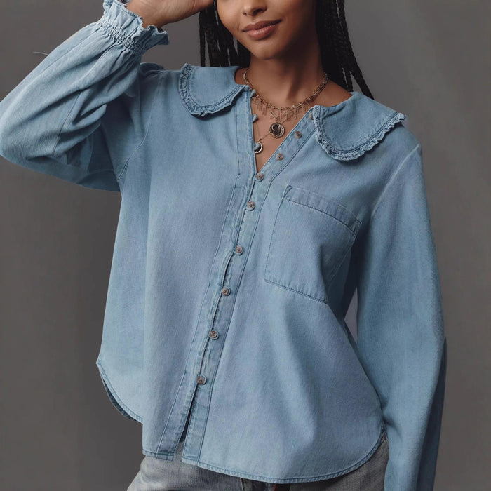 Clara Balloon-Sleeve Denim Blouse
