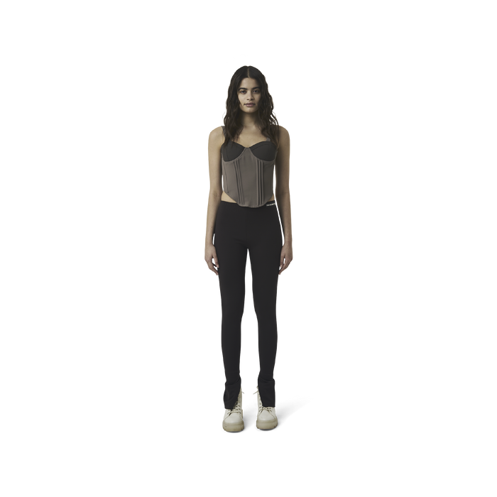 Classic leggings in coffee brown fabric featuring Eighteen Eighty-Six logo patch sewn at Elastic waistband. Open at ankle cuffs.
