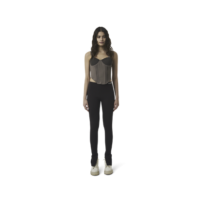 Classic leggings in coffee brown fabric featuring Eighteen Eighty-Six logo patch sewn at Elastic waistband. Open at ankle cuffs.