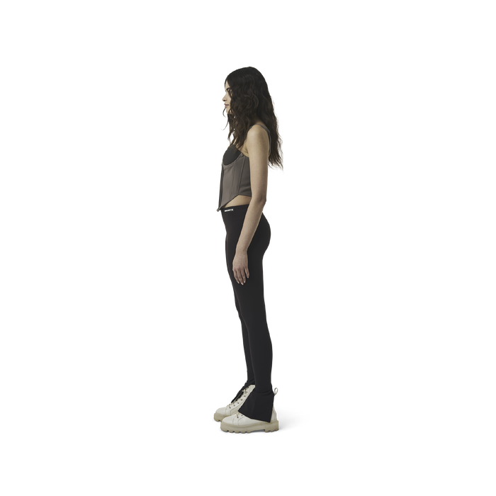 Classic leggings in coffee brown fabric featuring Eighteen Eighty-Six logo patch sewn at Elastic waistband. Open at ankle cuffs.