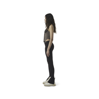 Classic leggings in coffee brown fabric featuring Eighteen Eighty-Six logo patch sewn at Elastic waistband. Open at ankle cuffs.