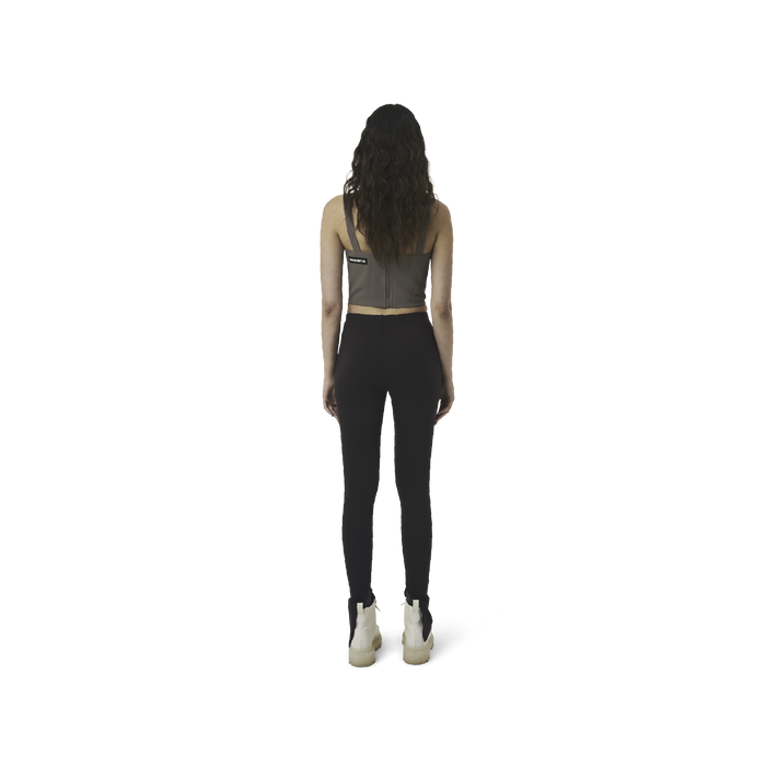 Classic leggings in coffee brown fabric featuring Eighteen Eighty-Six logo patch sewn at Elastic waistband. Open at ankle cuffs.