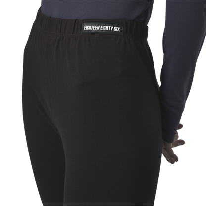 Classic leggings in coffee brown fabric featuring Eighteen Eighty-Six logo patch sewn at Elastic waistband. Open at ankle cuffs.